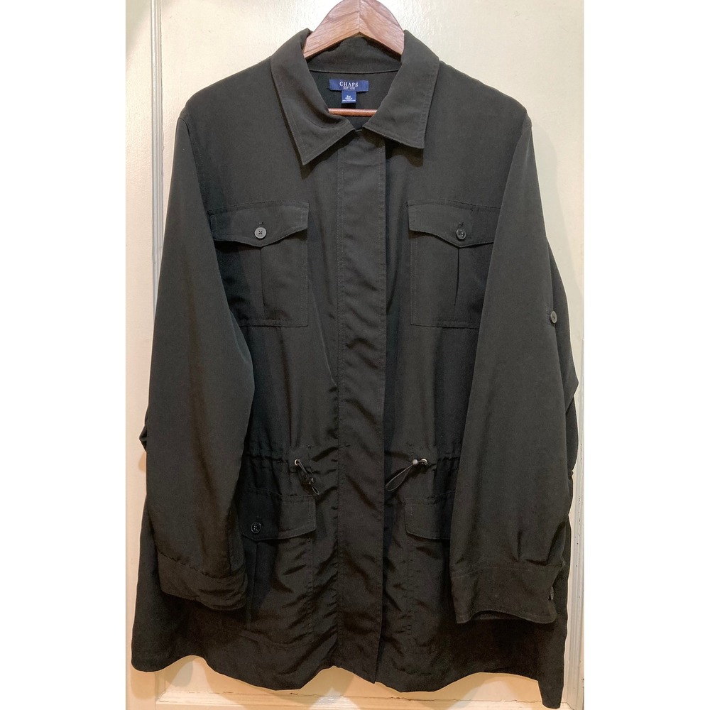 Chaps Womens Utility Field Jacket Black 3X Full Zip Adjustable Waist Roll Tab